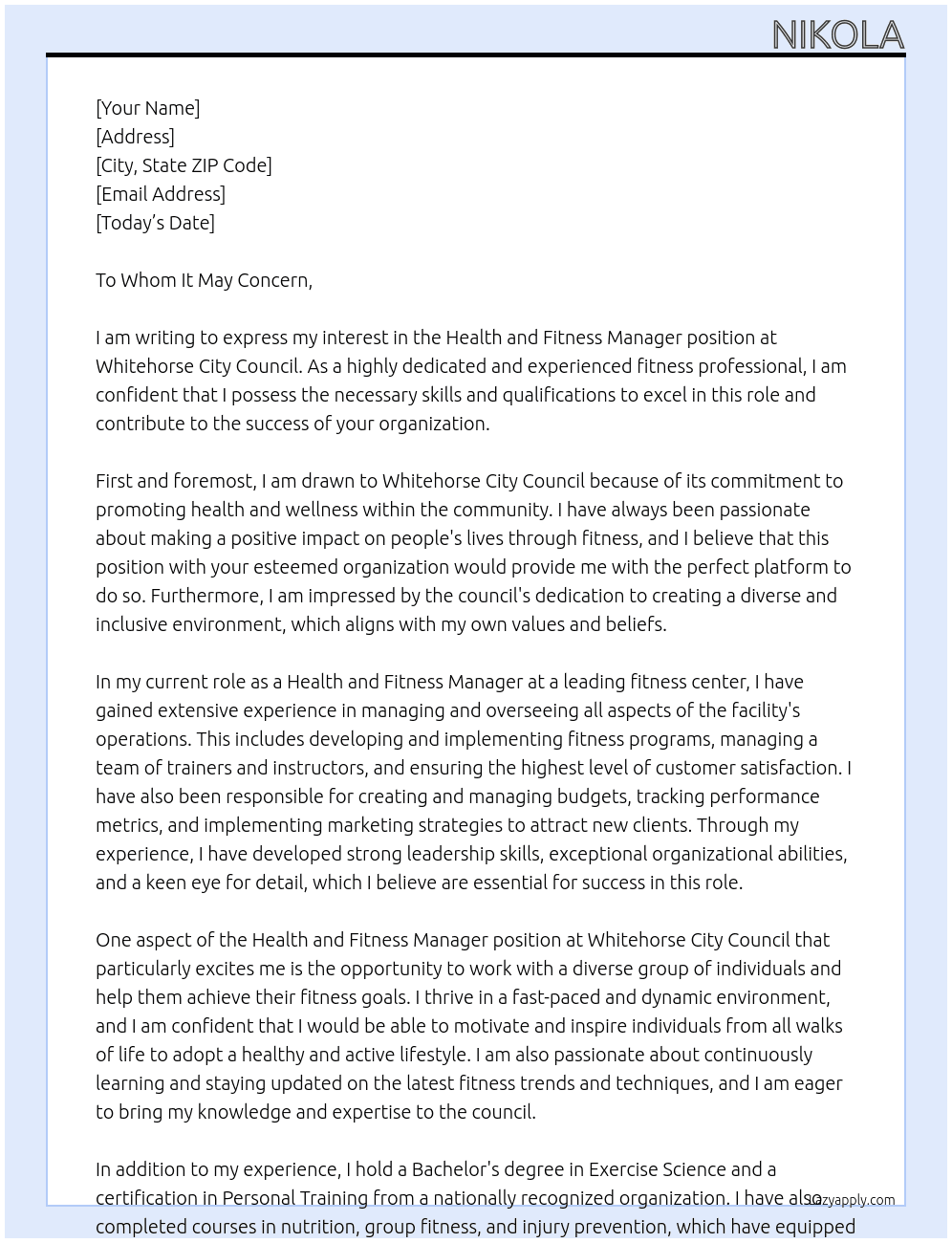 Health and Fitness Manager At Whitehorse City Council Cover Letter