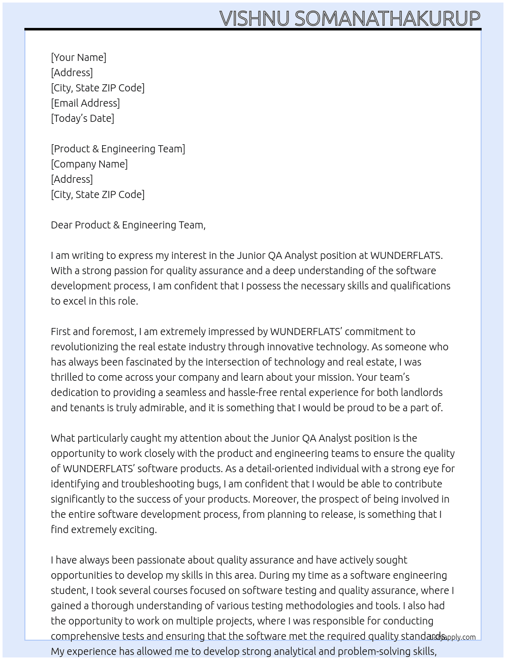 Junior QA Analyst At  WUNDERFLATS Cover Letter