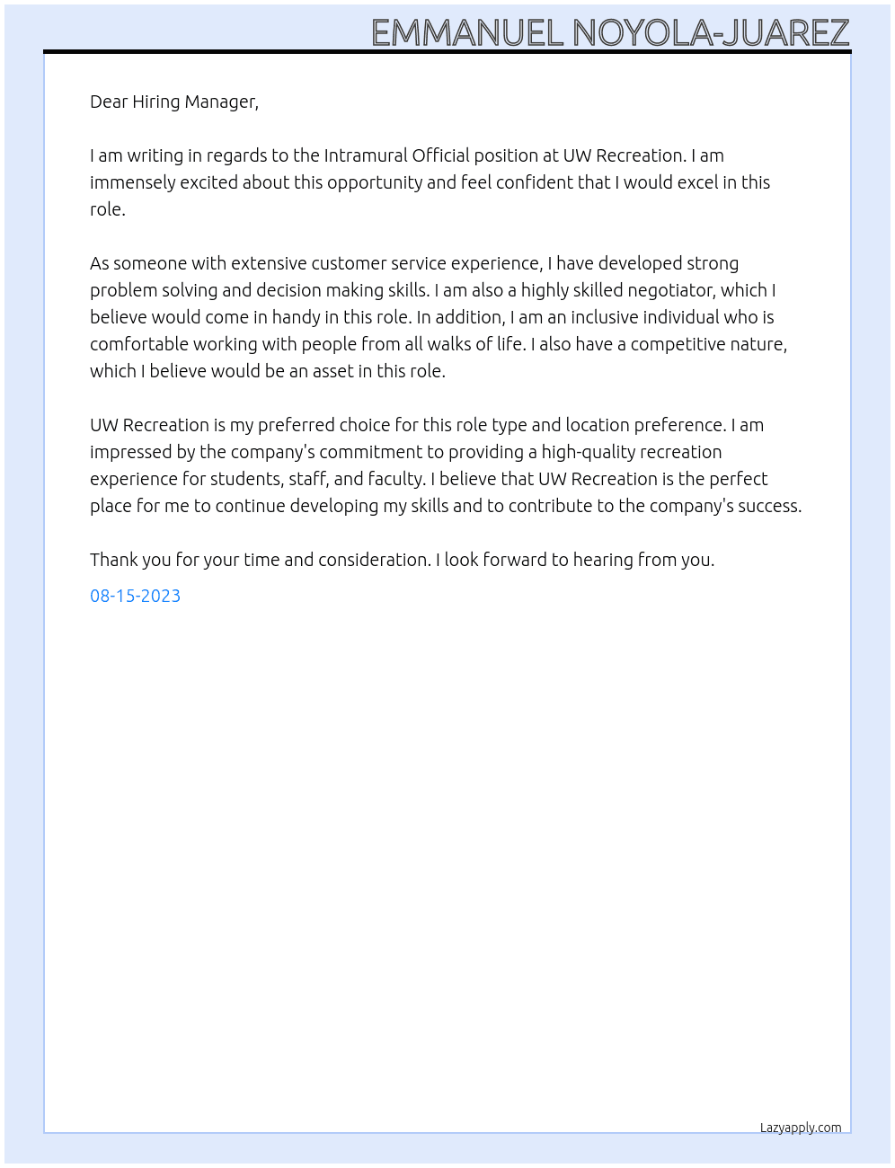 Intramural Official  At UW Recreation  Cover Letter