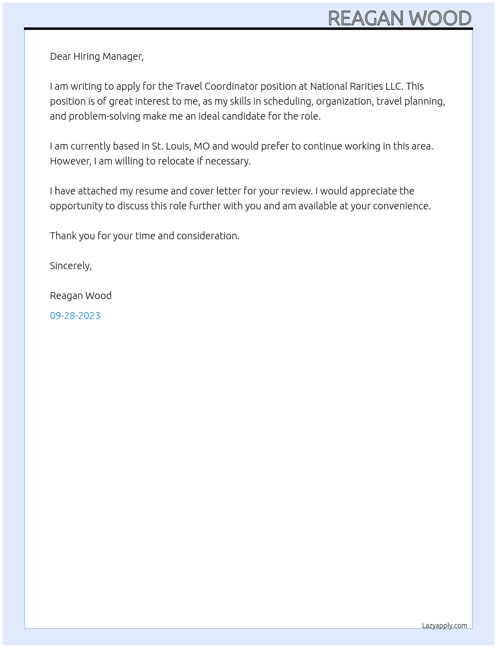 Travel Coordinator  At National Rarities LLC Cover Letter