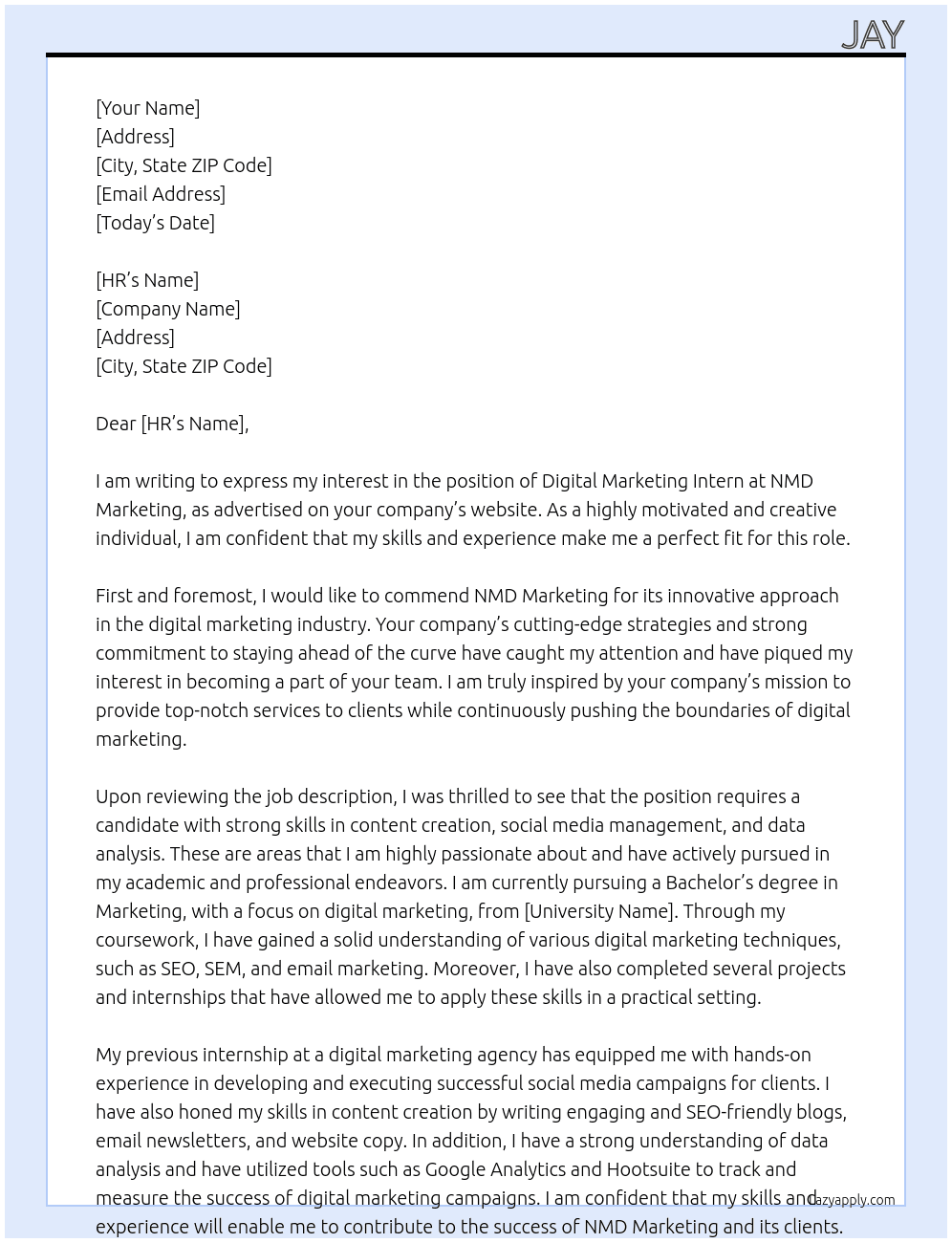 Digital Marketing Intern At nmd marketing Cover Letter