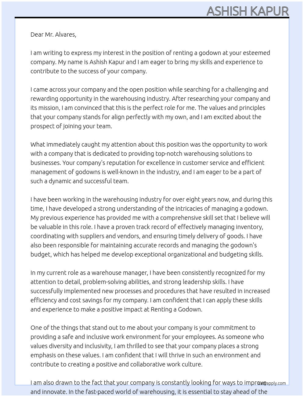 renting a godown At renting a godown Cover Letter
