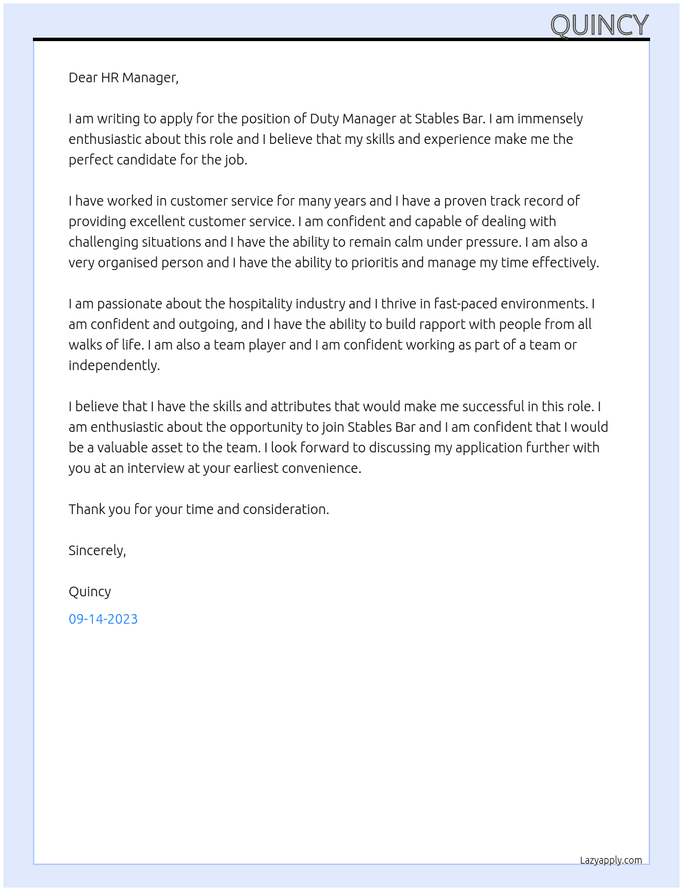 Duty Manager At Stables Bar Cover Letter