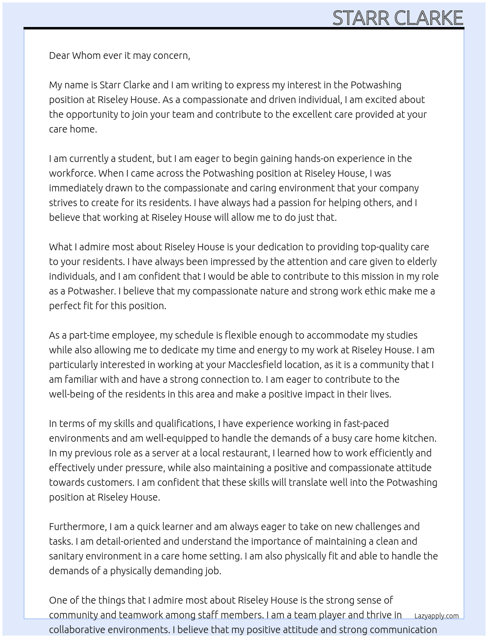 Potwashing at a carehome At Riseley house Cover Letter