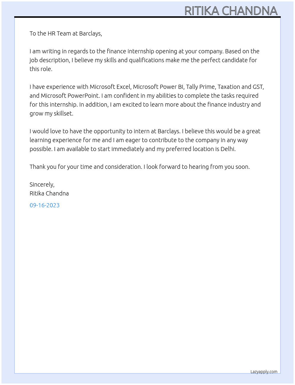 Finance internship At Barclays Cover Letter
