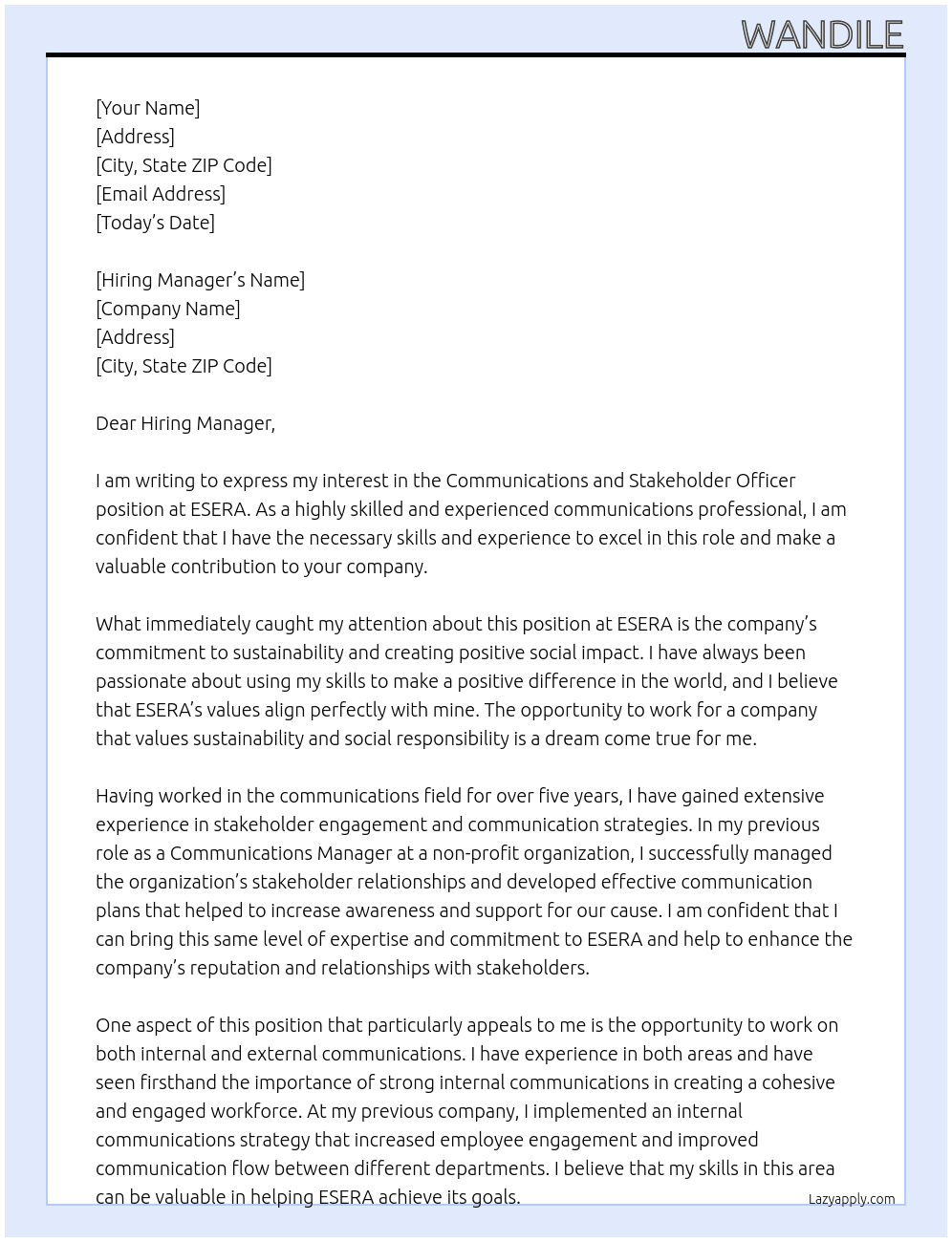 communications and stakeholder officer At ESERA Cover Letter