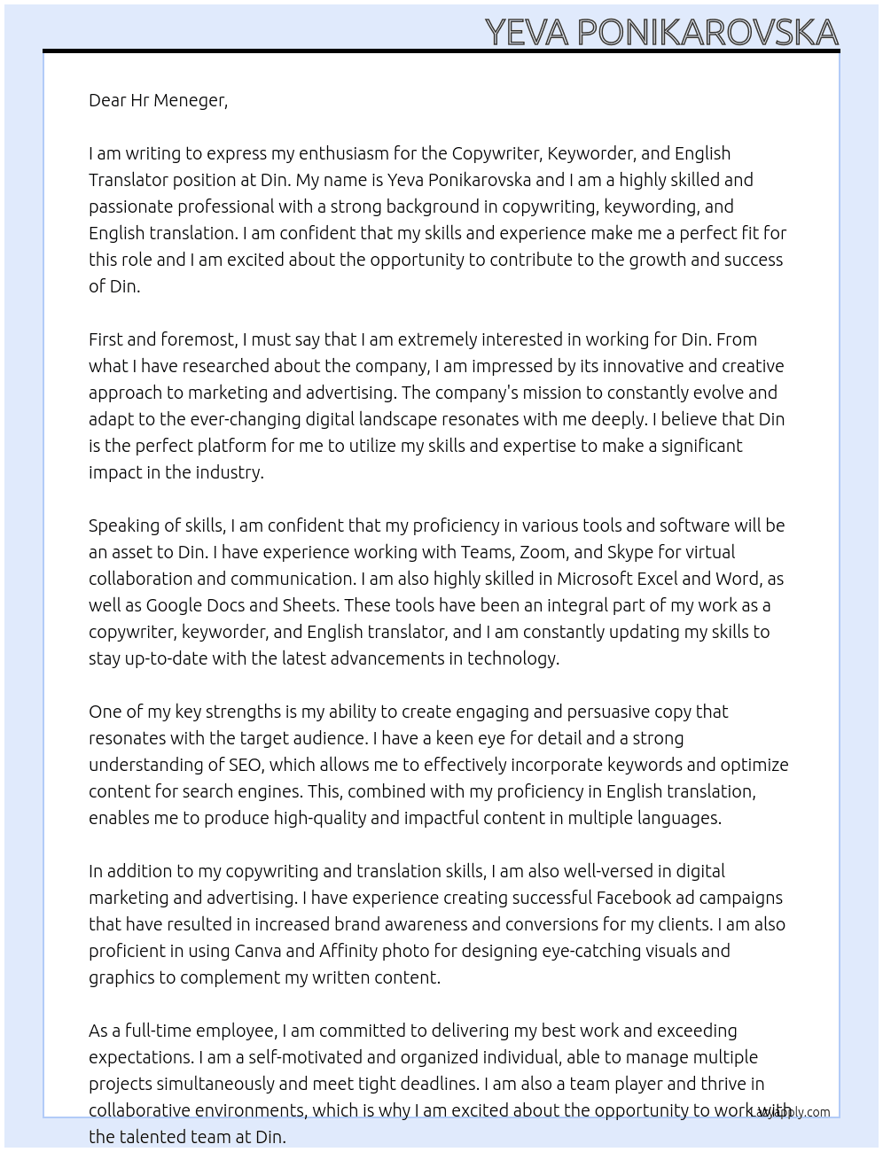 Copywriter, keyworder, English translator At Din Cover Letter