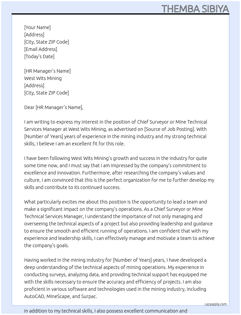 Cover letter for chief surveyor or mine technical services manager - LazyApply