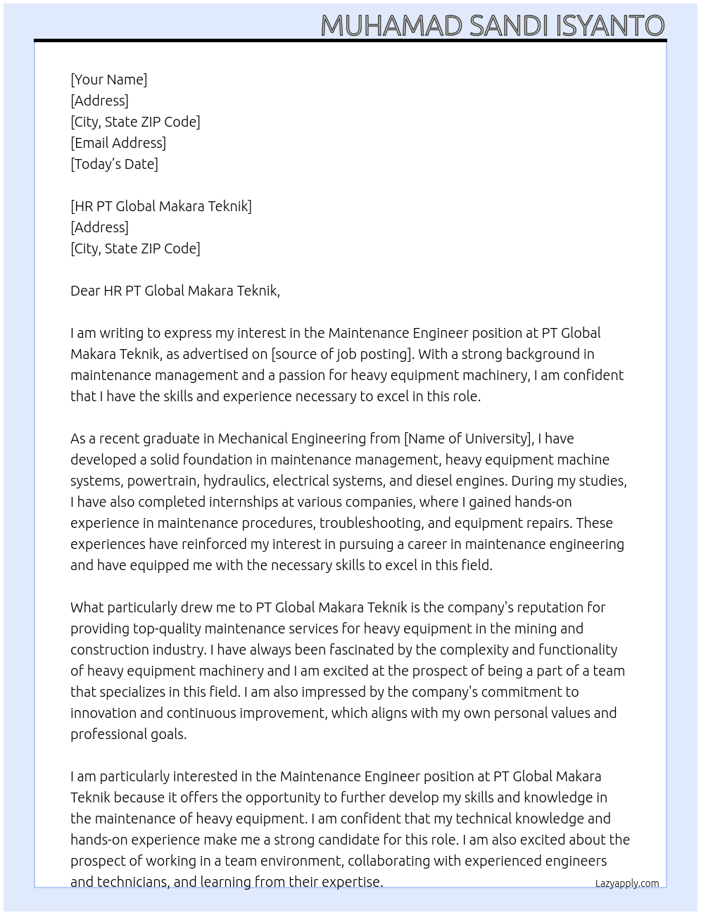 Maintenance Engineer At PT Global Makara Teknik Cover Letter