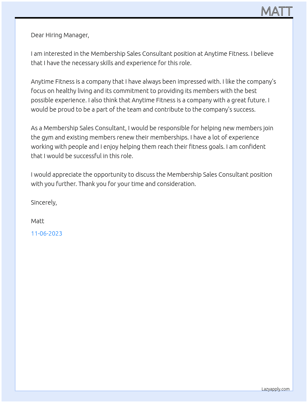 Membership Sales Consultant At Anytime Fitness Cover Letter