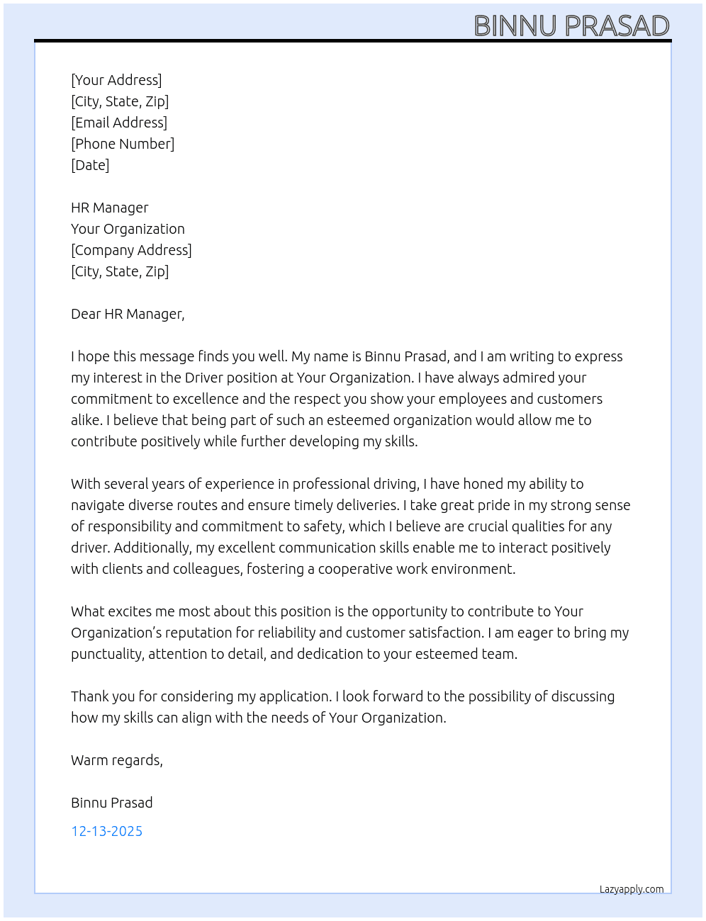 Driver At Your Organization Cover Letter