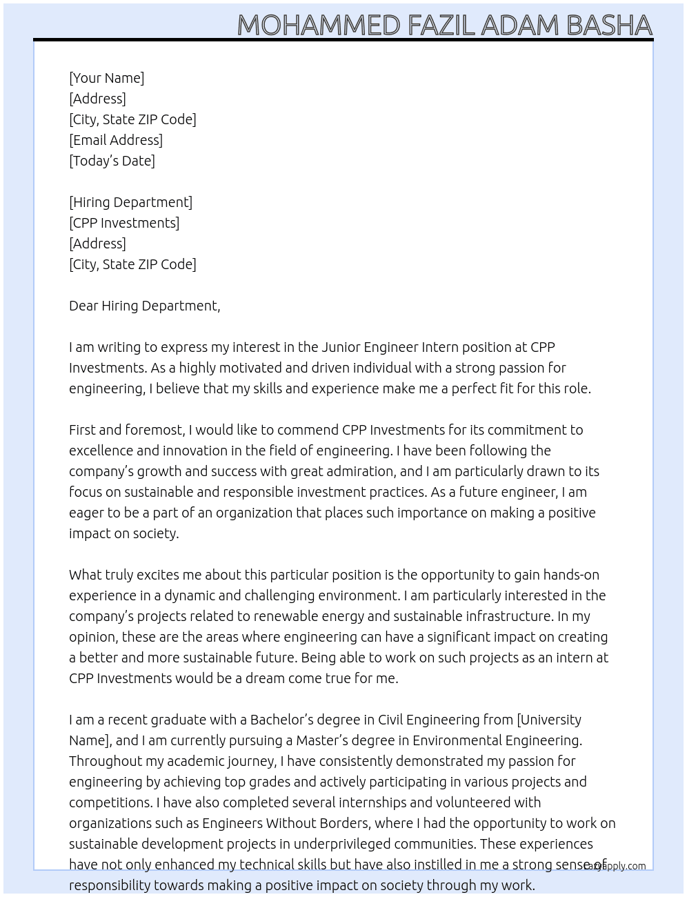 Junior Engineer Intern At CPP Investments Cover Letter