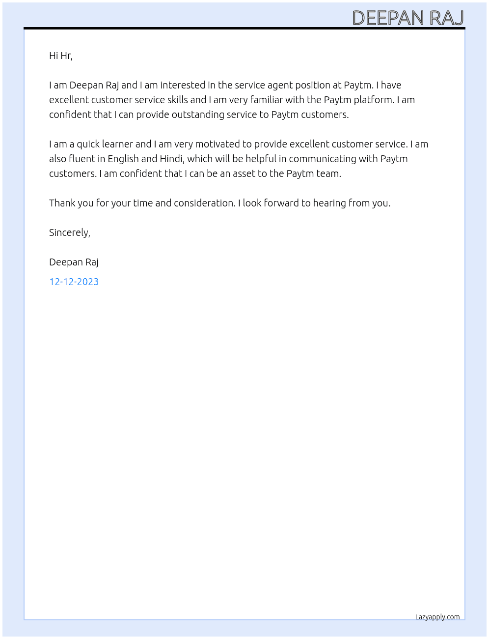 Service agent  At Paytm Cover Letter