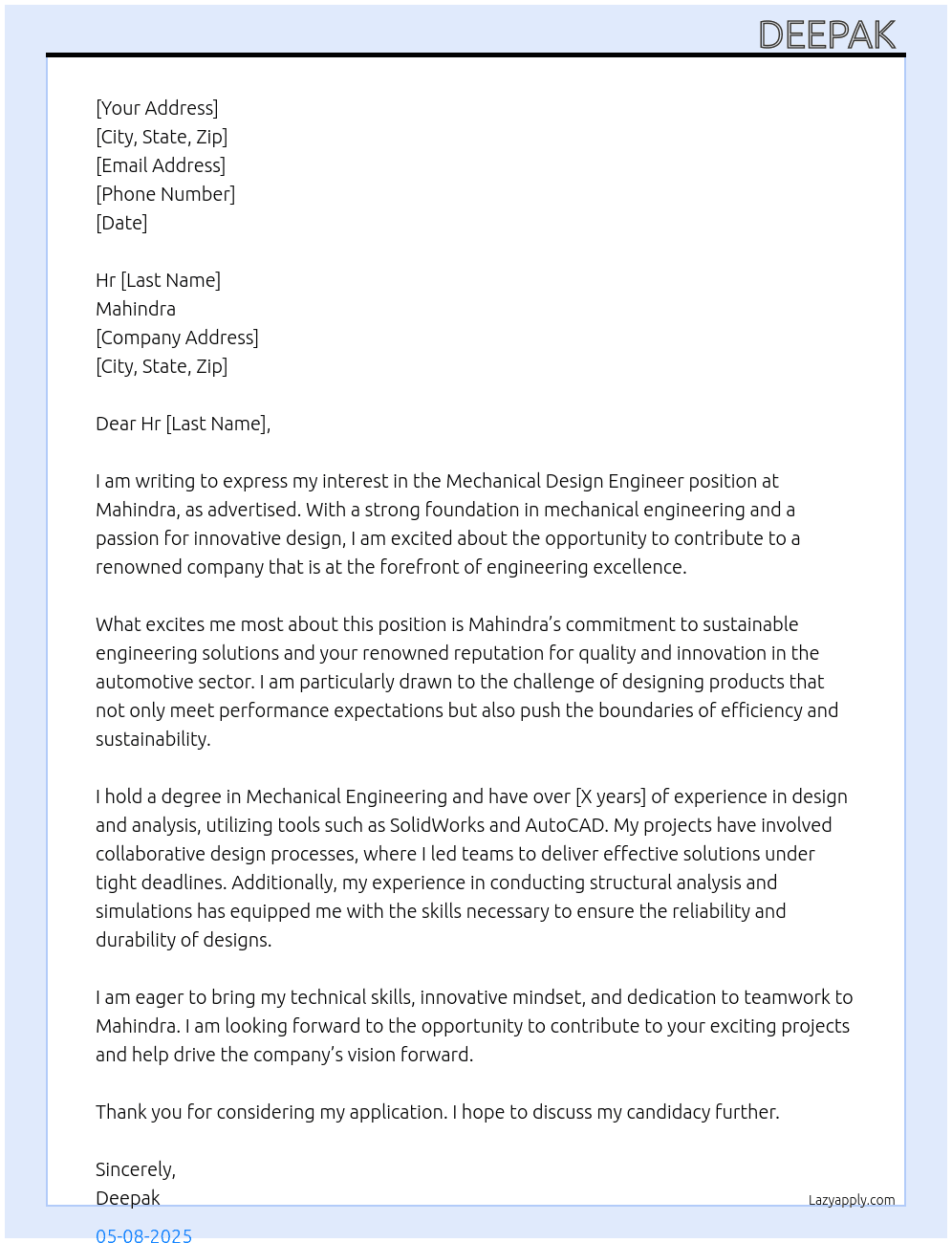 Mechanical Design Engineer At Mahindra Cover Letter