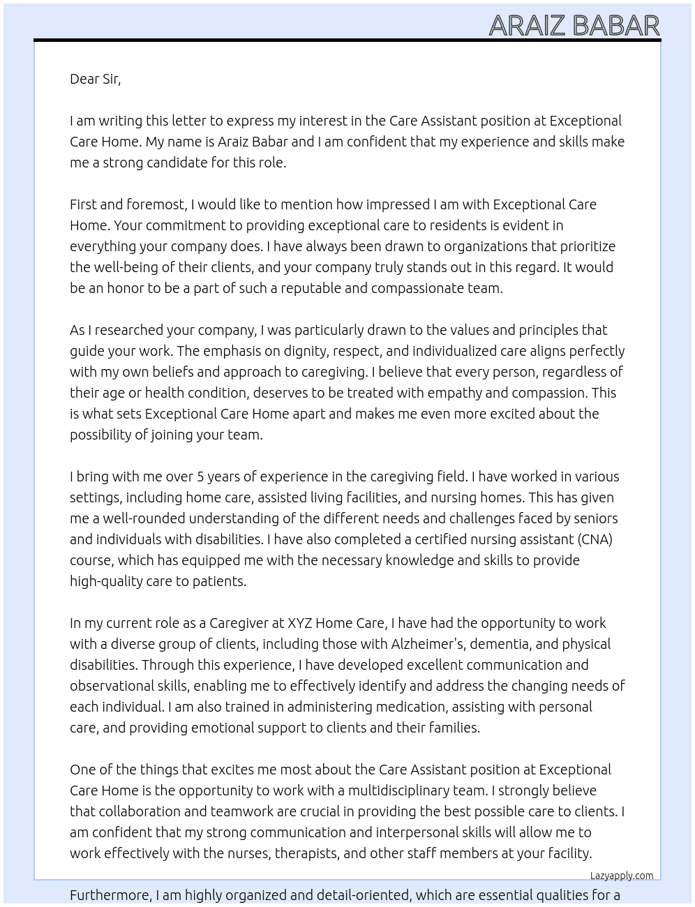 Care assistant position At Exceptional care home Cover Letter