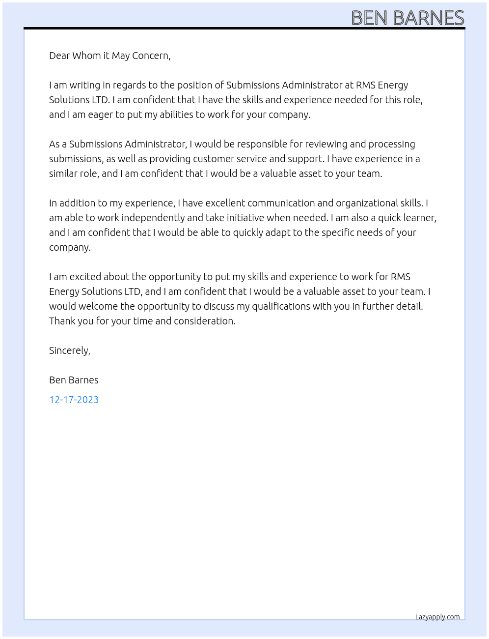 Submissions Administrator At RMS Energy Solutions LTD Cover Letter