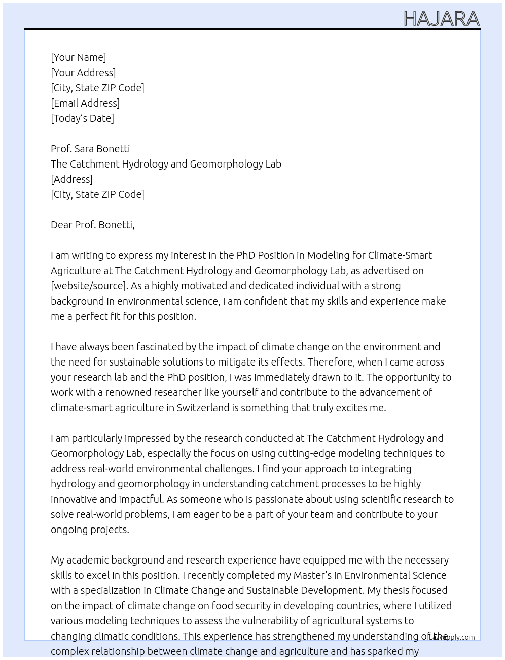 PhD Position in Modeling for Climate-Smart Agriculture Switzerland At The Catchment Hydrology and Geomorphology Lab Cover Letter