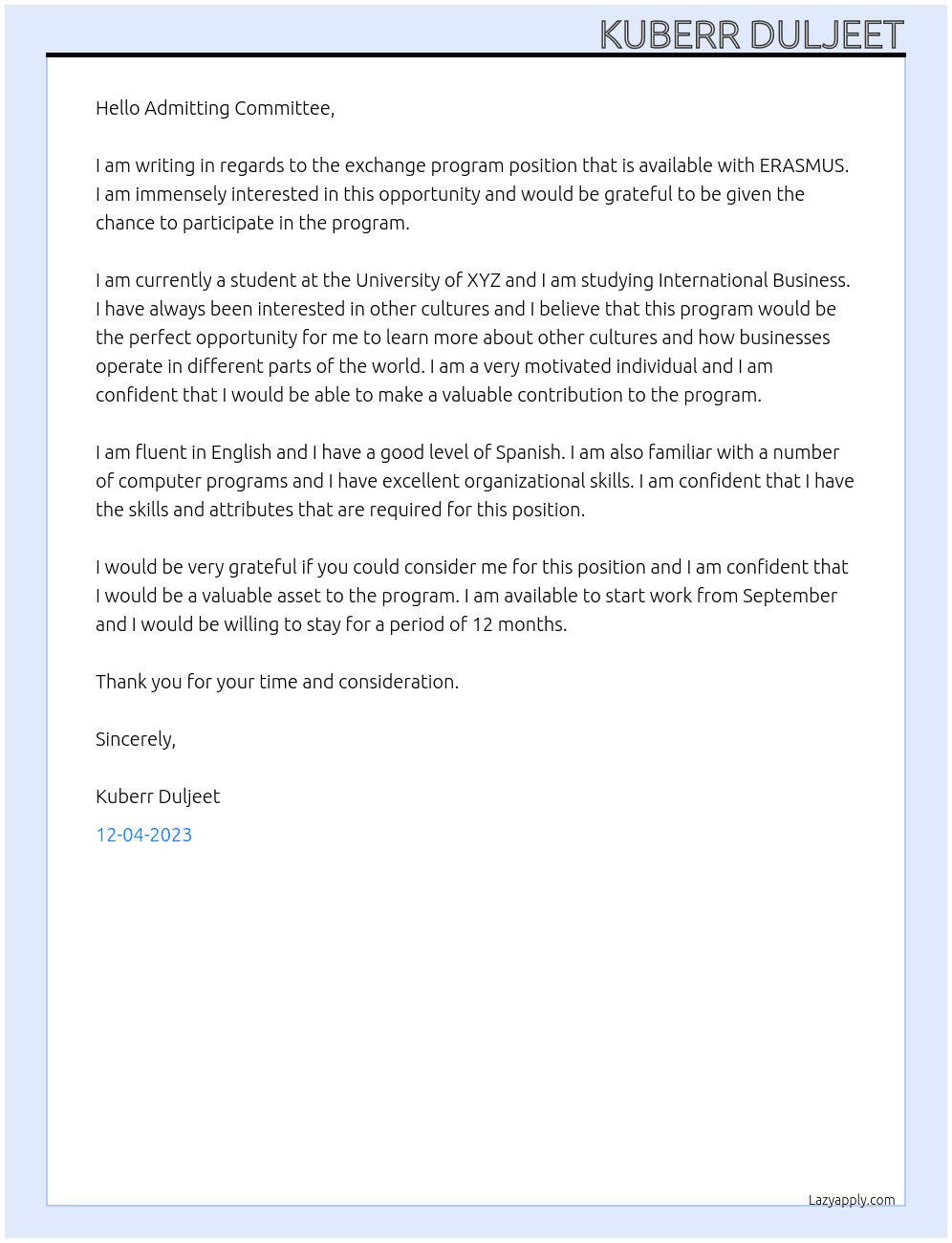 Exchange Program  At ERASMUS Exchange Program Cover Letter