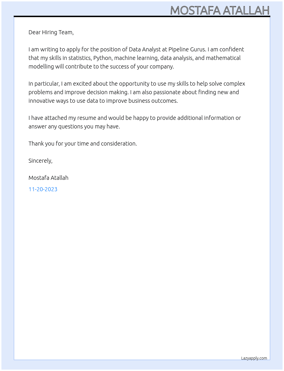 Data Analyst At Pipeline Gurus Cover Letter