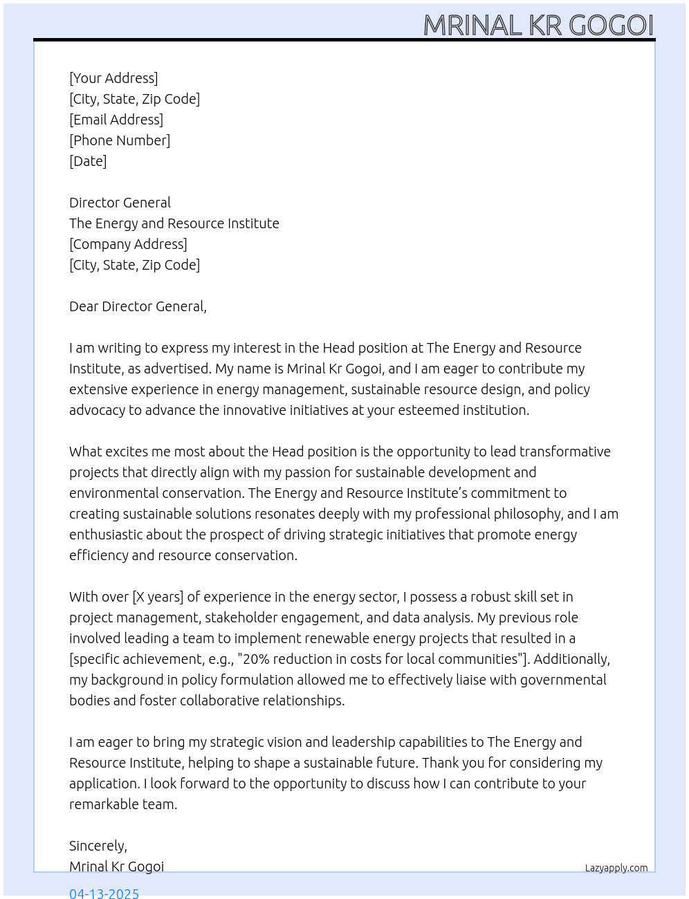 Cover letter for head - LazyApply