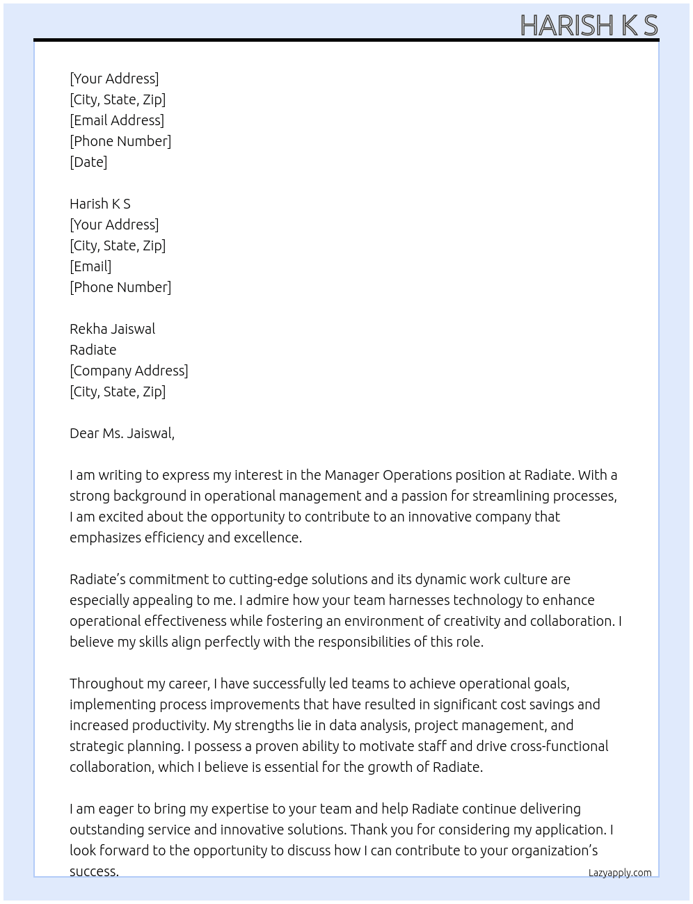 Manager Operations  At Radiate  Cover Letter