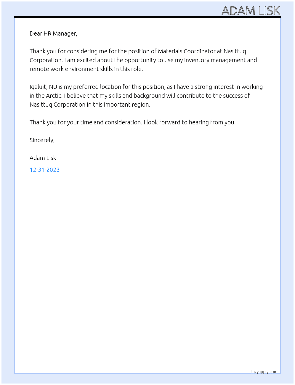 Materials Coordinator At Nasittuq Corporation Cover Letter