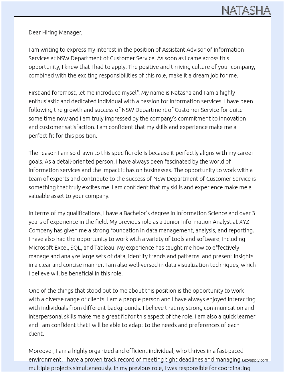 Assistant Advisor information services At NSW Department of Customer Service Cover Letter