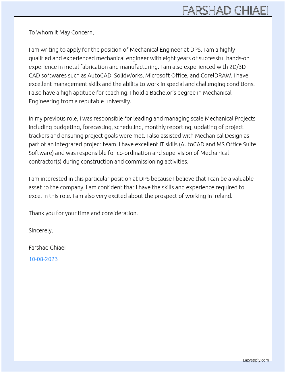 Mechanical Engineer At DPS Cover Letter