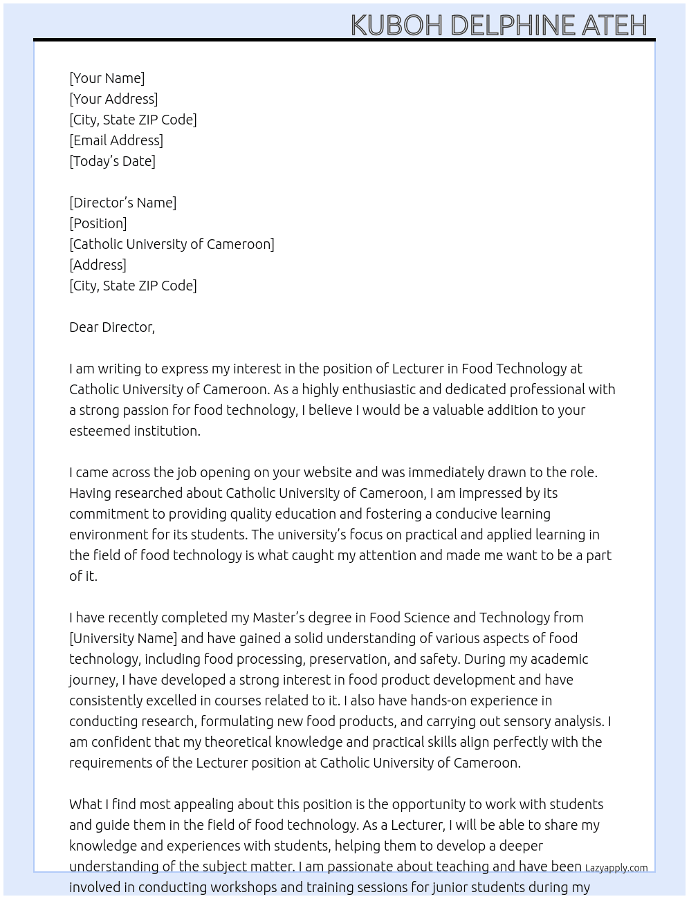 Lecturer in food technology  At Catholic university of Cameroon  Cover Letter