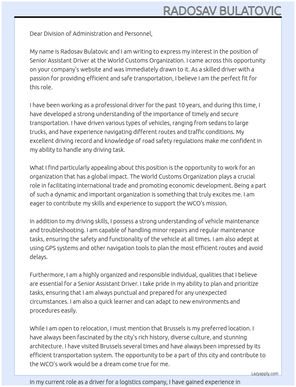 Senior Assistant Driver At WORLD CUSTOMS ORGANIZATION Cover Letter