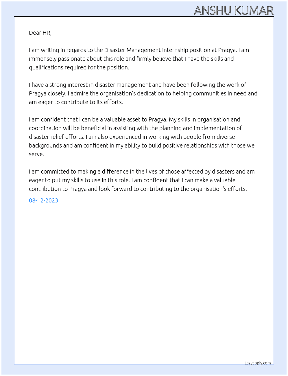 Disaster Management internship At Pragya Cover Letter