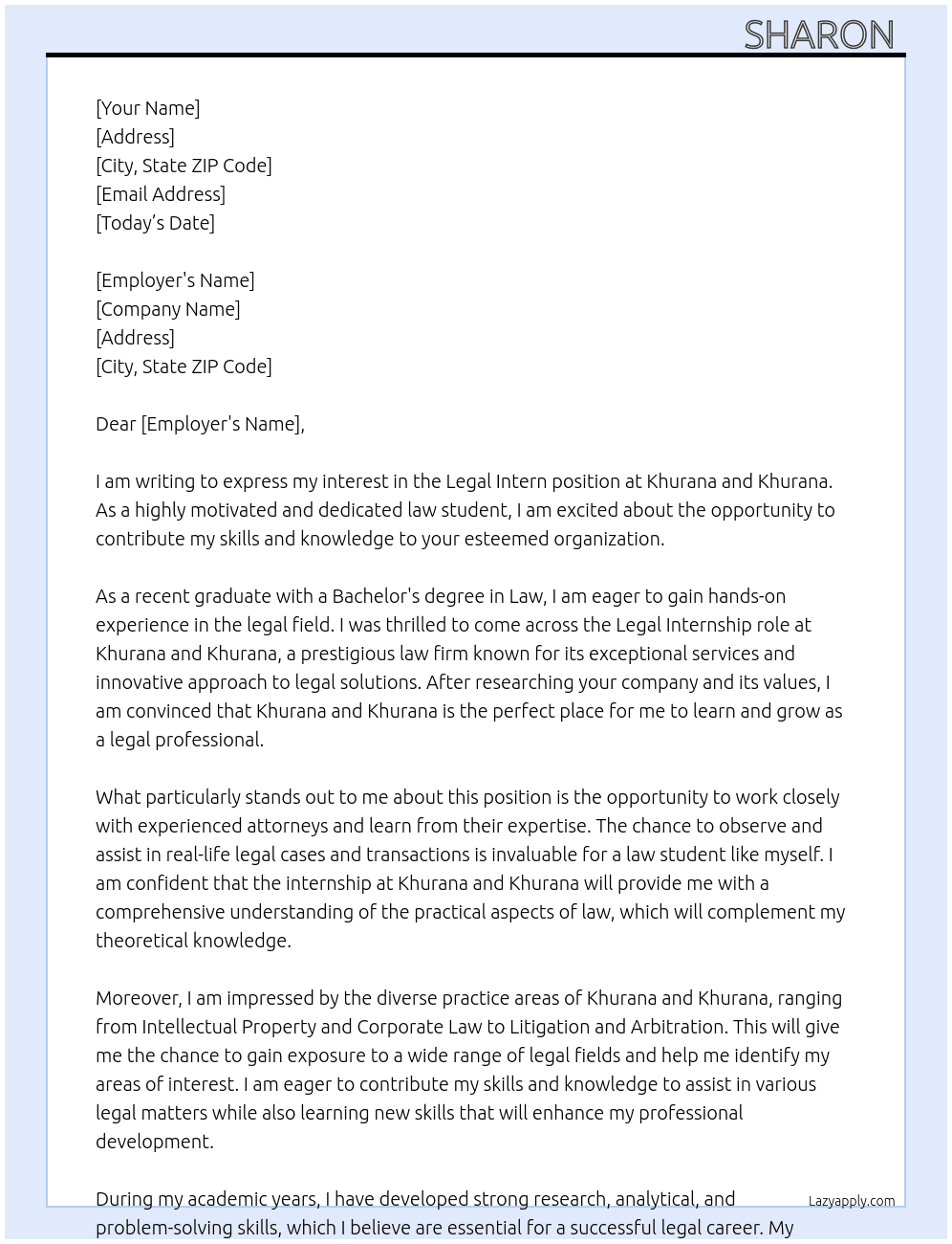 Legal intern  At Khurana and khurana  Cover Letter