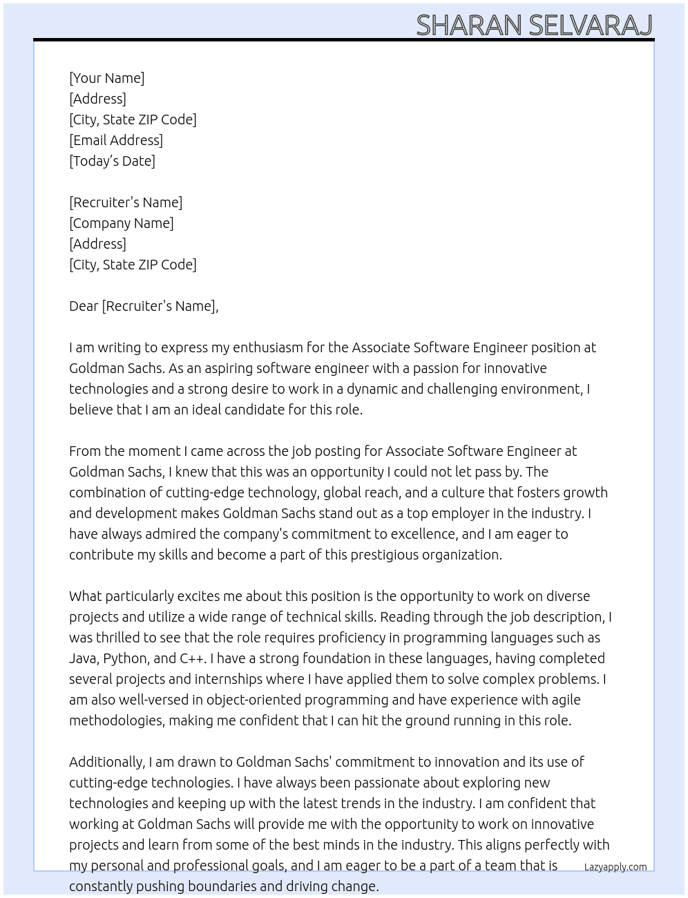 Associate Software Engineer At Goldman Sachs Cover Letter