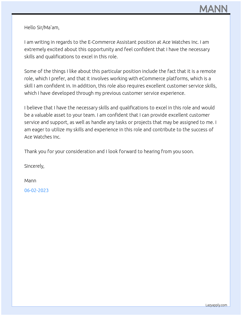 E-Commerce Assistant At Ace Watches Inc. Cover Letter