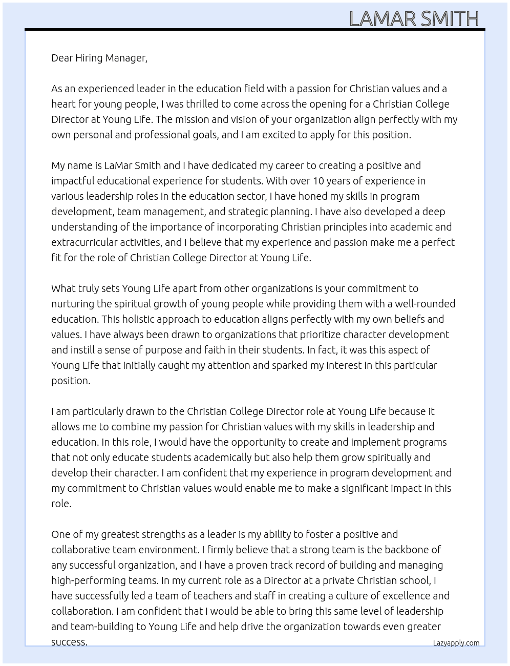 Christian College Director  At Young Life  Cover Letter