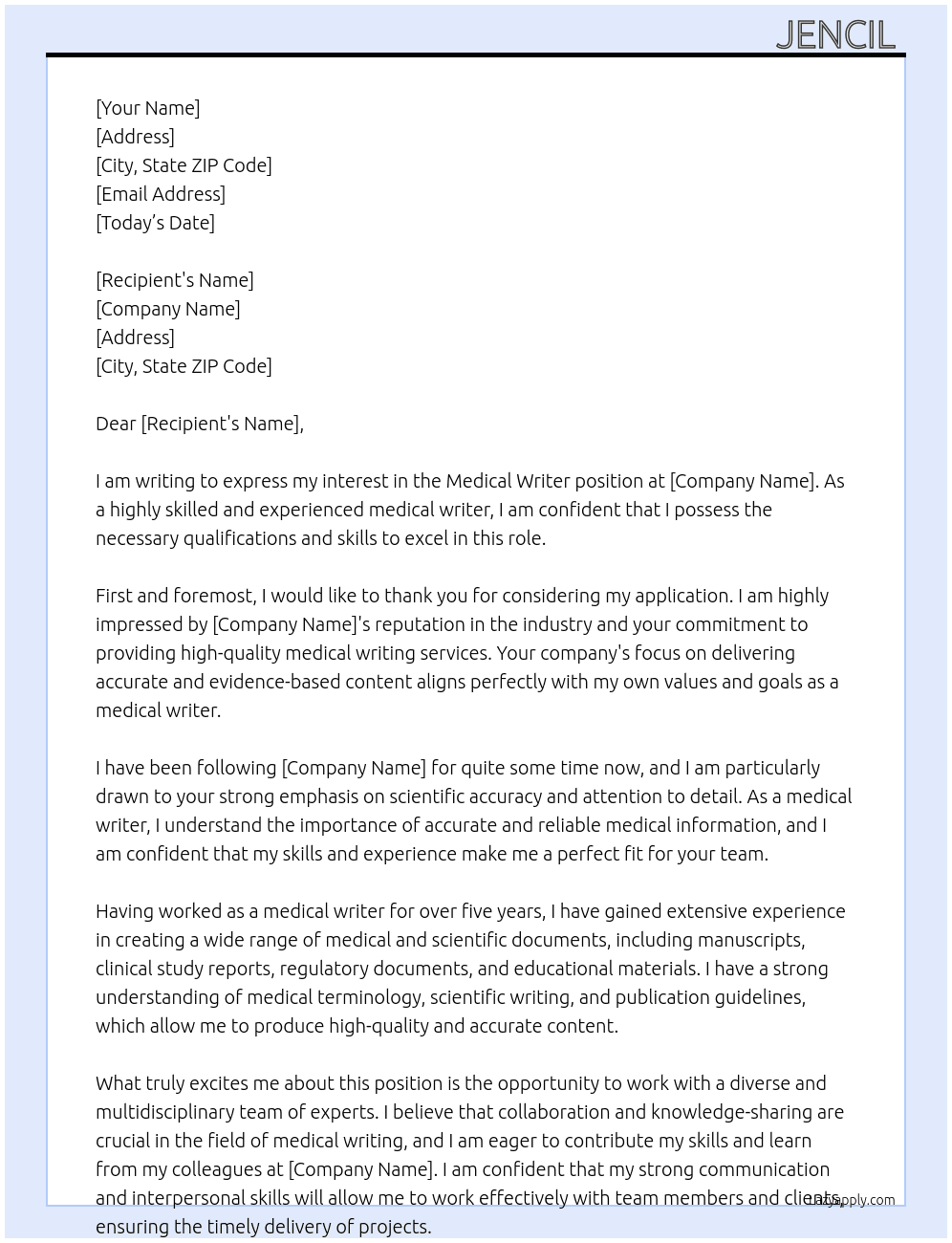 medical writer At freelancing Cover Letter