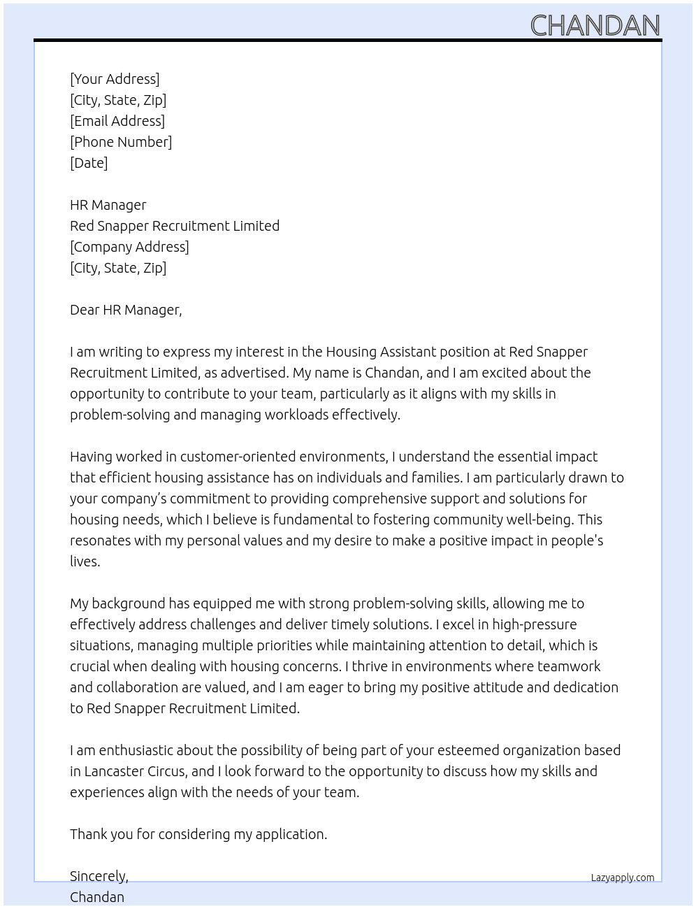 Housing assistant At Red Snapper Recruitment Limited Cover Letter