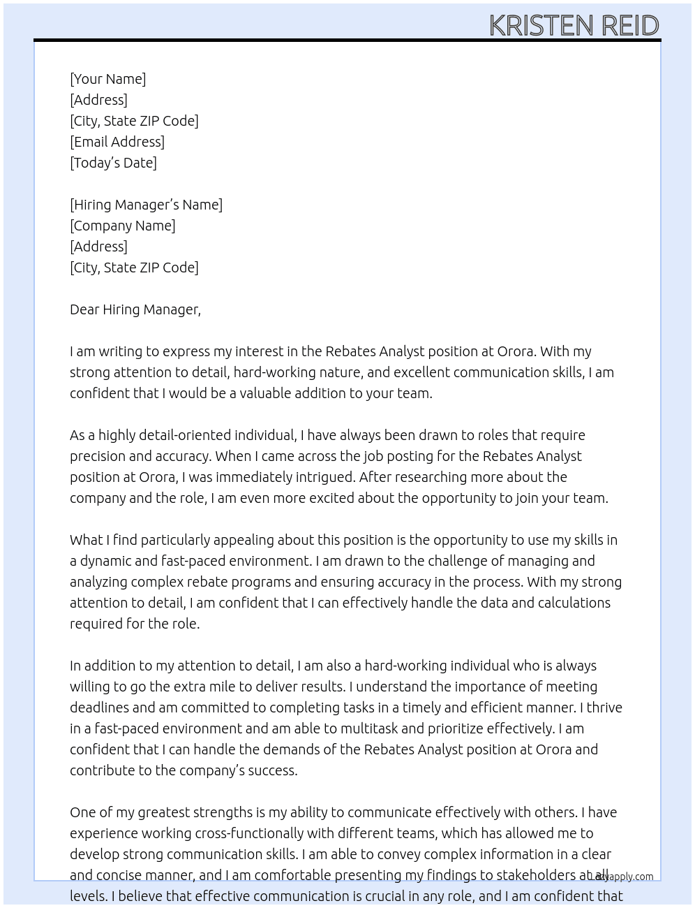 Rebates Analyst At orora Cover Letter