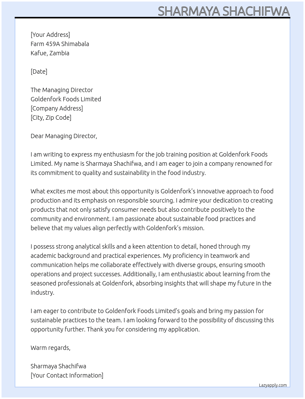 job training At Goldenfork foods limited Cover Letter