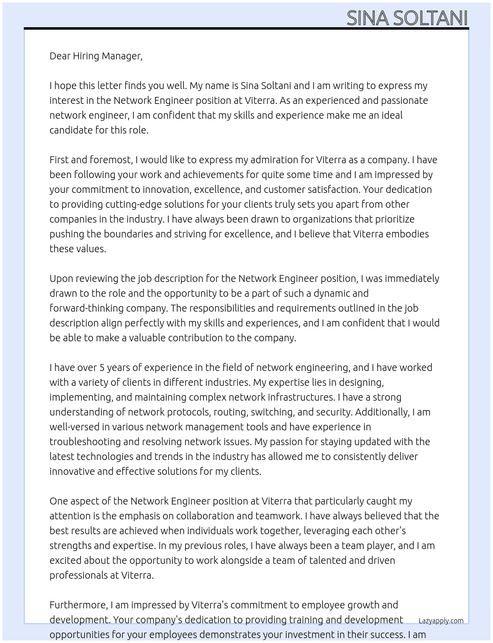 network engineer At viterra Cover Letter