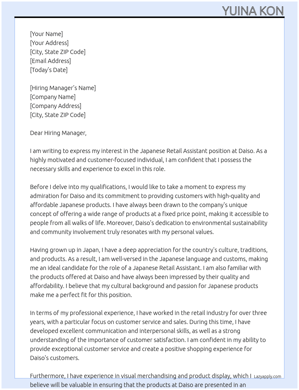 Japanese retail assistants At Daiso Cover Letter