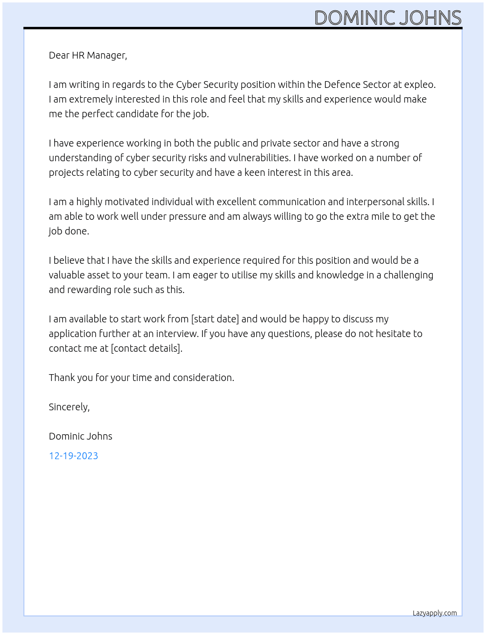 Cyber Security – Defence Sector At expleo Cover Letter