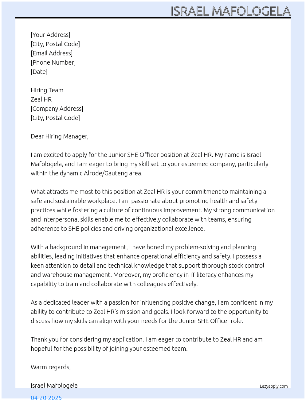 Junior SHE Officer At Zeal HR Cover Letter