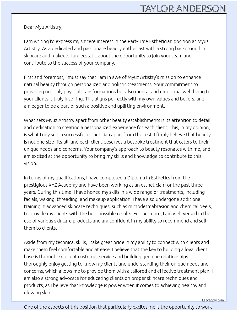 Part time esthetician  At Myuz Artistry Cover Letter
