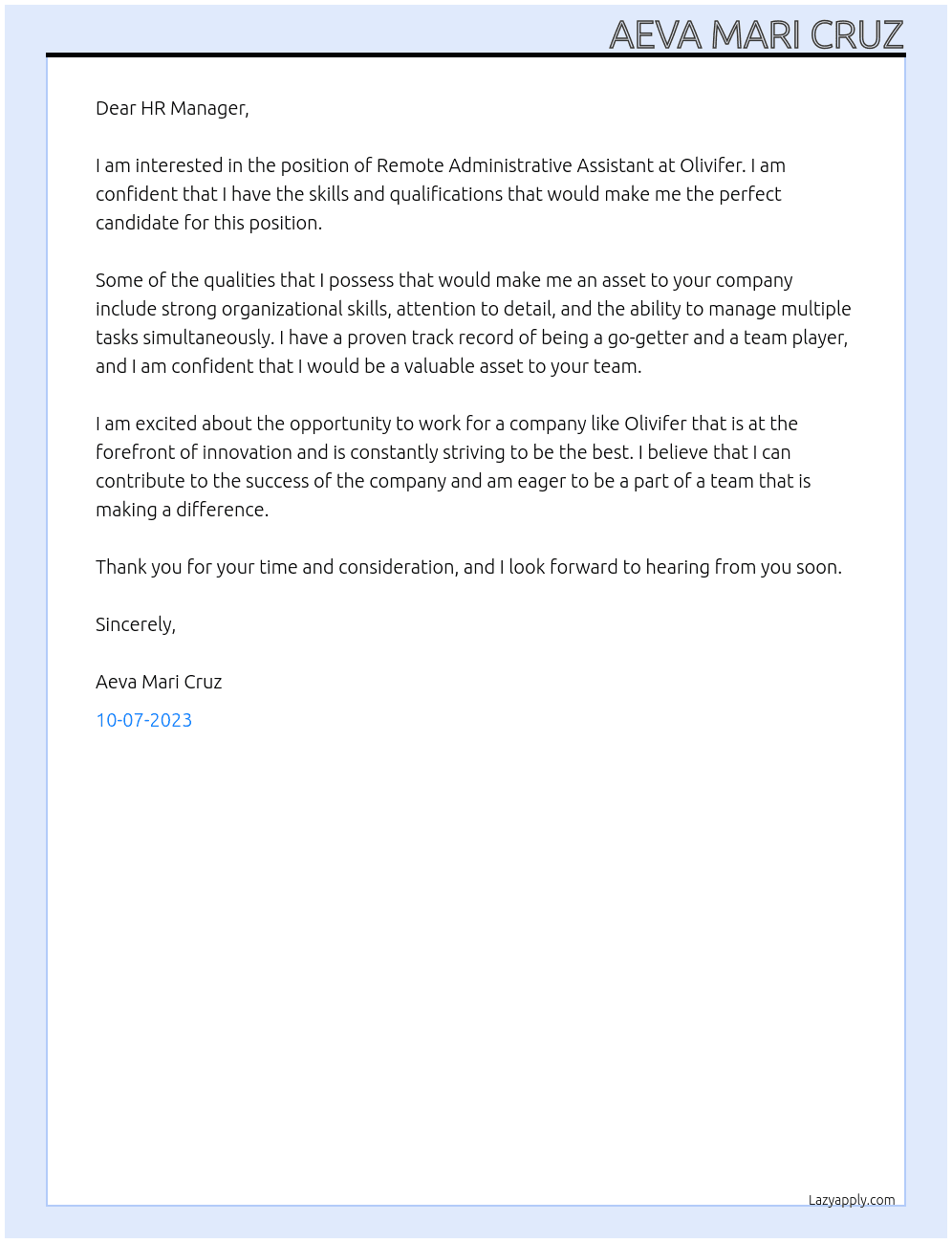 Remote Administrative Assistant At Olivifer Cover Letter
