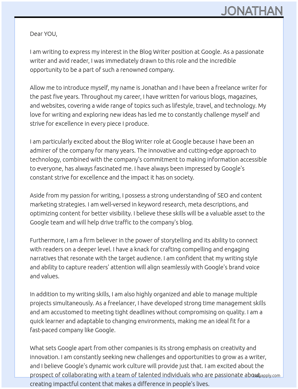 BLOG WRITER At GOOGLE Cover Letter