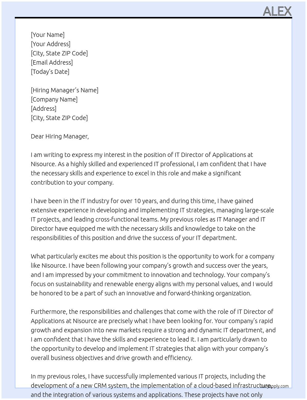 IT Director applications At Nisource Cover Letter