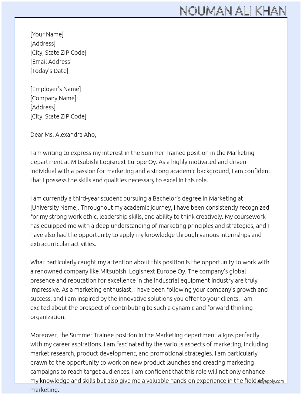 Summer trainee, Marketing At Mitsubishi Logisnext Europe Oy Cover Letter