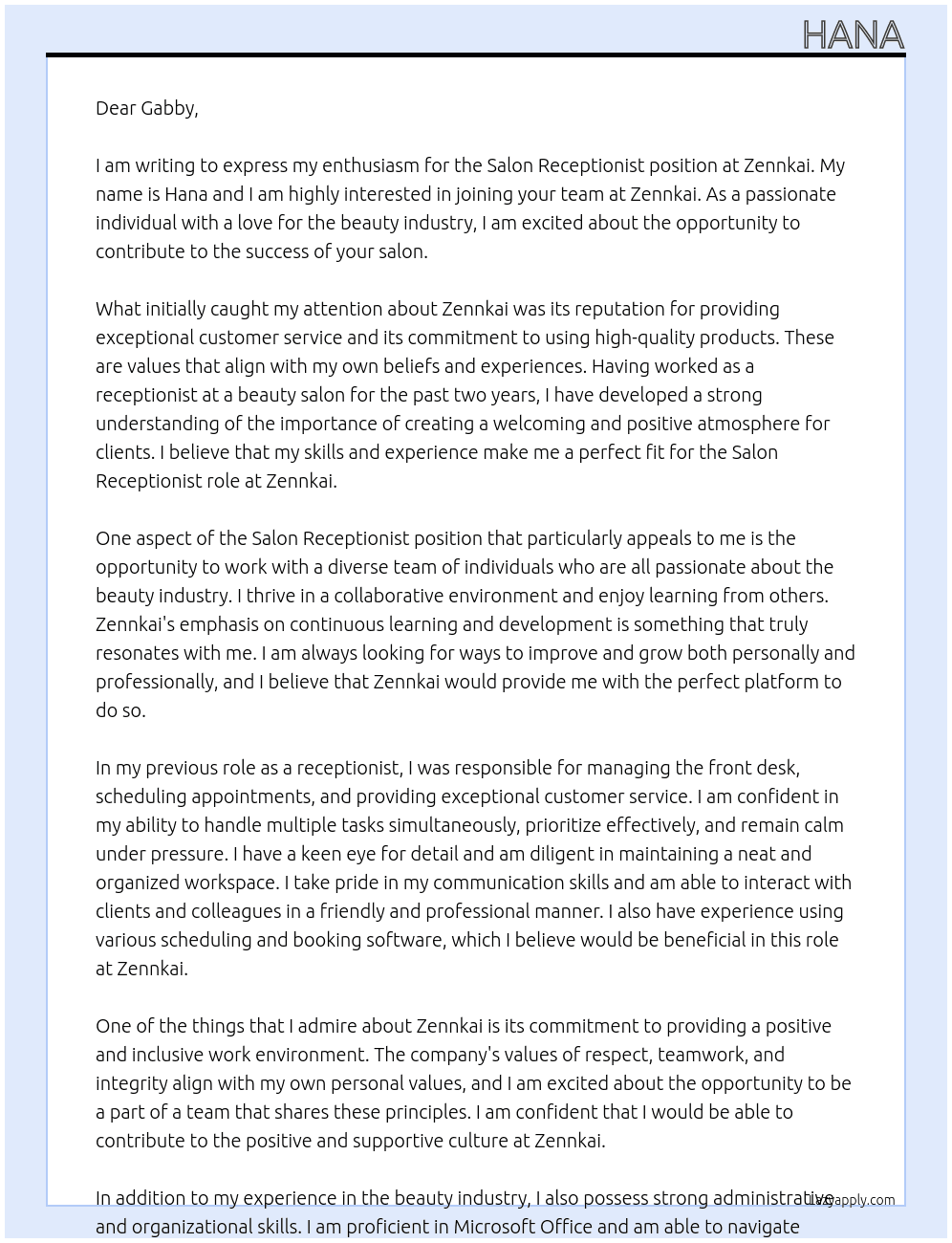 Salon receptionist At Zennkai Cover Letter