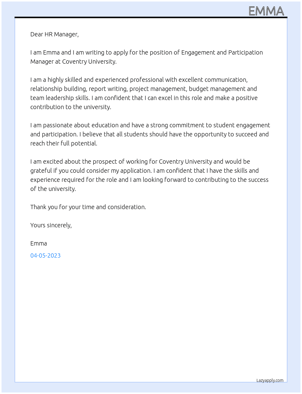 Engagement and Participation Manager  At Coventry University  Cover Letter